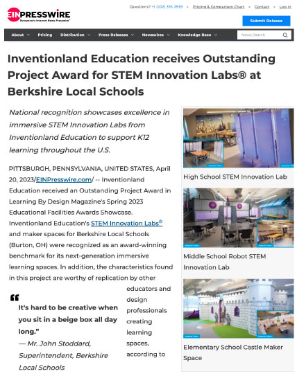 Inventionland Education Wins Outstanding Project Award for Innovation Labs®