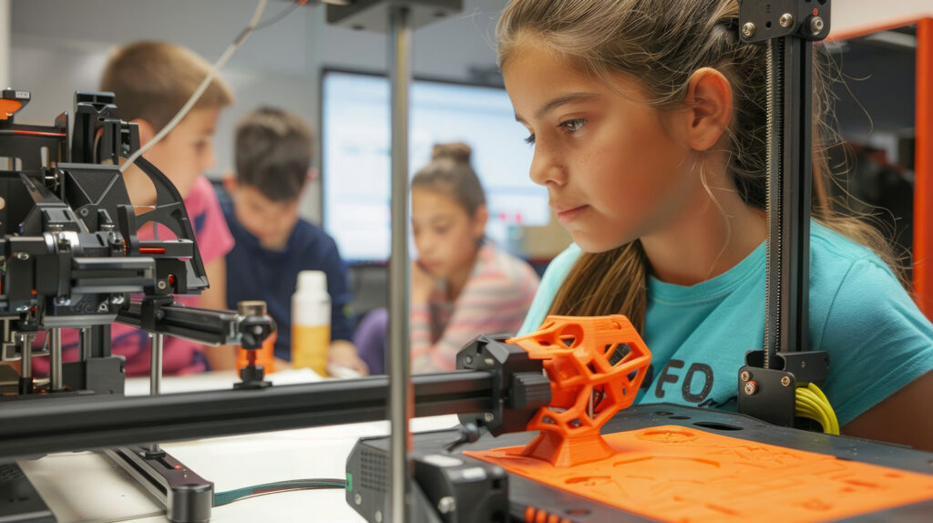 A girl is operating a 3D printer in a classroom setting, focusing on creating a three-dimensional object.