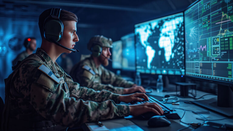 Military personnel in the control room where several monitors display various data and maps of the world. They are actively engaged in operations and are looking at the screens with focused attention.