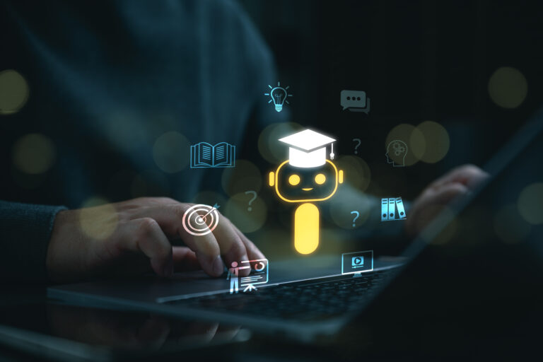 Student using AI powered e-learning assistant on laptop. Online education technology, intelligent tutoring system, personalized learning, digital training and knowledge management concept.